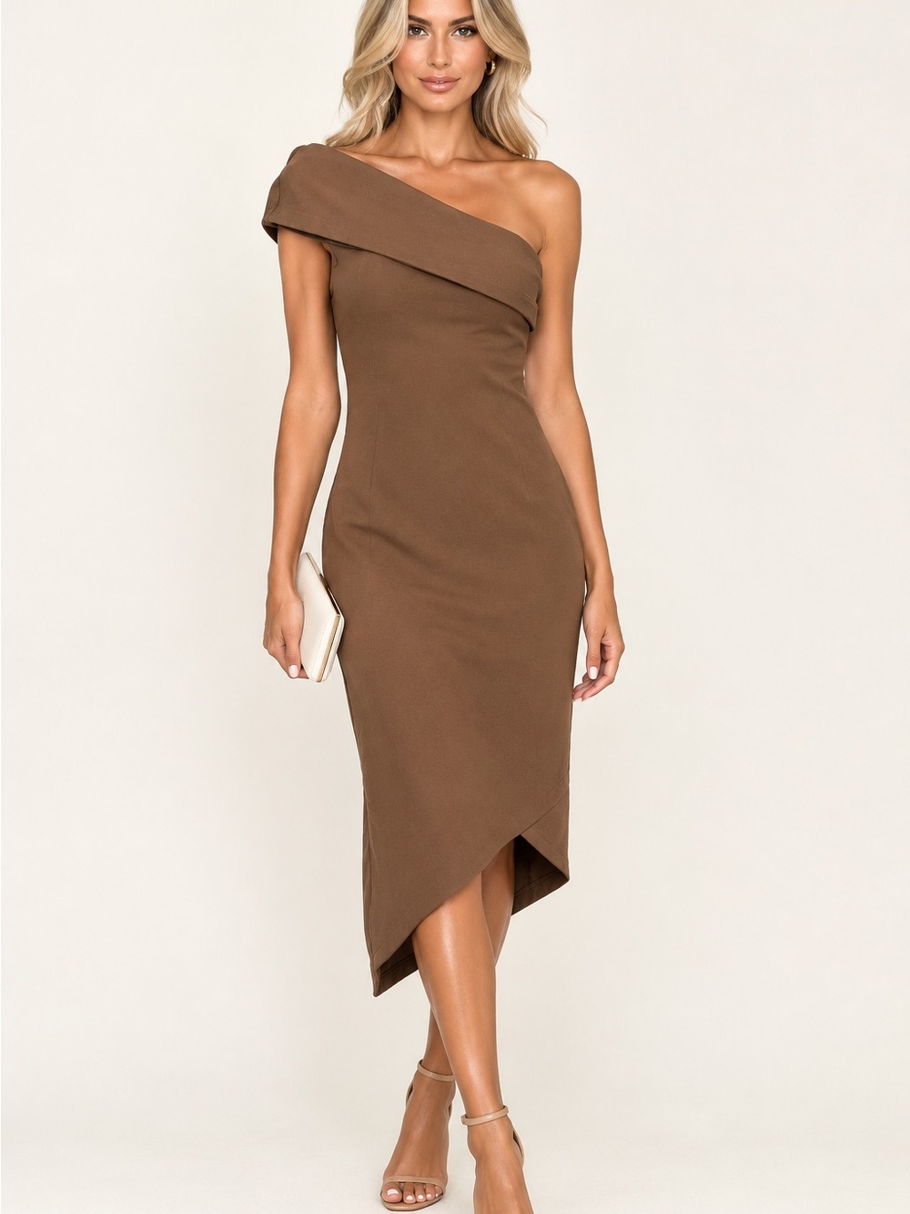 One-Shoulder Brown Midi Dress By Nude Size S